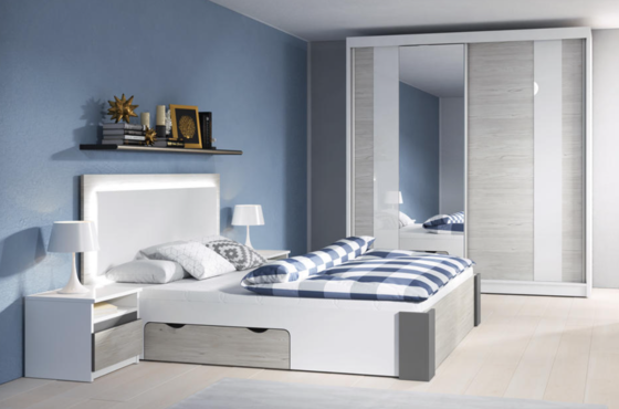 Moderní a designová ložnice HELIOS, 203 skříň, 160 postel, 2 x noční stolky, v bílé kombinace z dubem kalhult  - 1