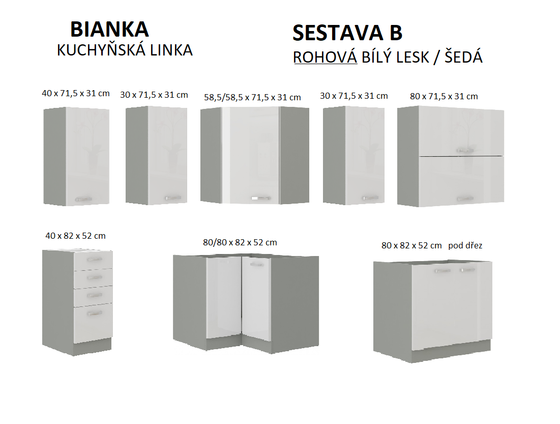 Kuchyňská linka BIANKA rohová, sestava B bílý lesk / šedá 129 x 169 cm  - 2