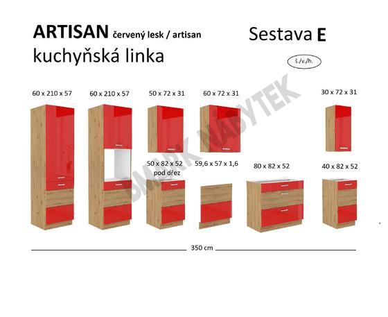 Kuchyňská linka ARTISAN červený lesk, Sestava E, 350 cm  - 2