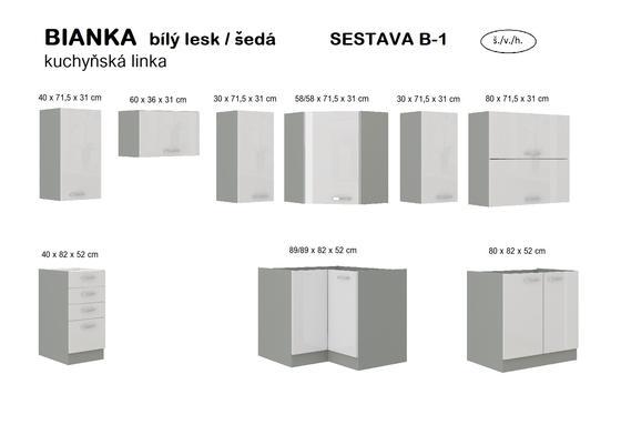 Kuchyňská linka BIANKA, rohová sestava B-1 bílý lesk / šedá 129 x 169 cm  - 2