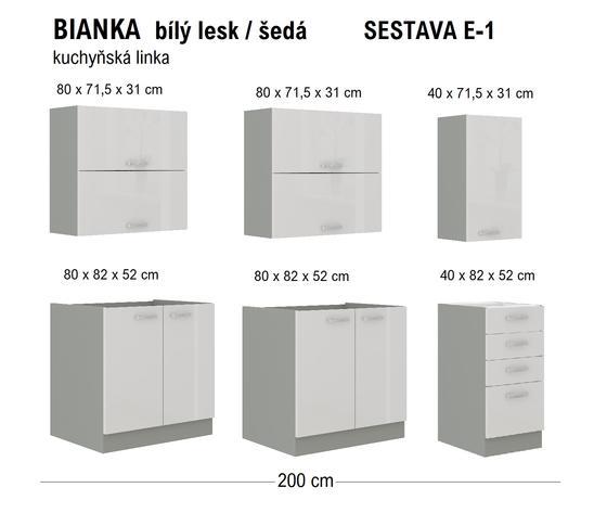 Kuchyňská linka BIANKA, 200 cm, Sestava E-1 bílý lesk / šedá  - 2