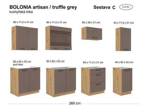 Kuchyňská linka BOLONIA artisan/truffle grey, Sestava C, 260 cm  - 2