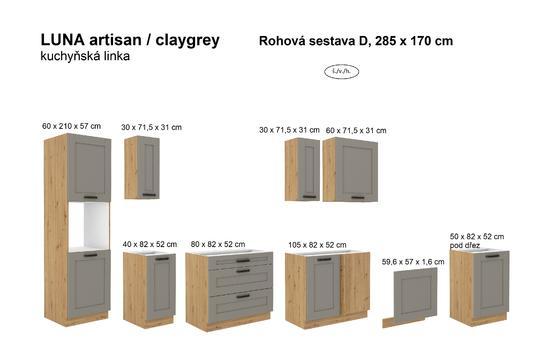 Kuchyňská linka LUNA artisan/claygrey MDF, Rohova sestava D, 170x285 cm  - 2