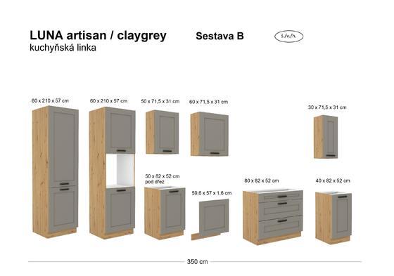 Kuchyňská linka LUNA artisan/claygrey MDF, Sestava B, 350 cm  - 2