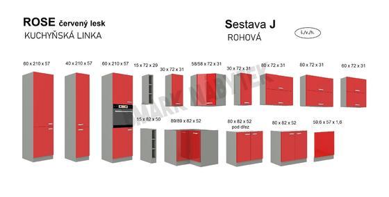 Kuchyňská linka ROSE červený lesk/šedá, Rohová sestava J, 264 x 309 cm  - 2