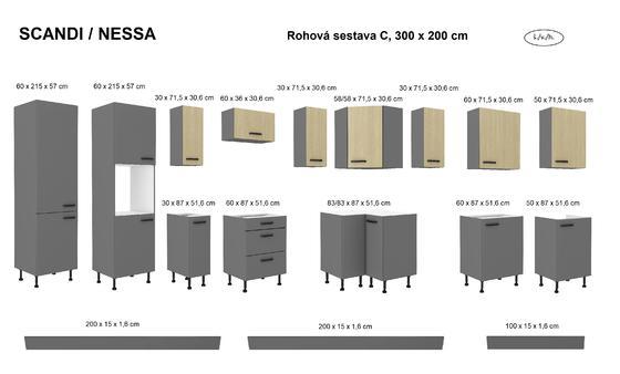 Kuchyňská linka SCANDI/NESSA antracit, Rohová sestava C, 300 x 200 cm  - 2