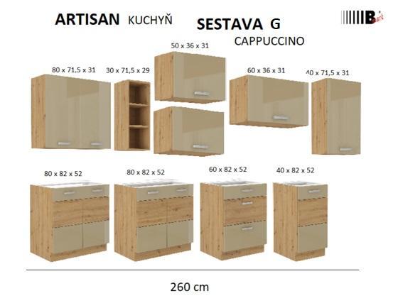 Kuchyňská linka ARTISAN cappuccino lesk, Sestava G, 260 cm  - 2